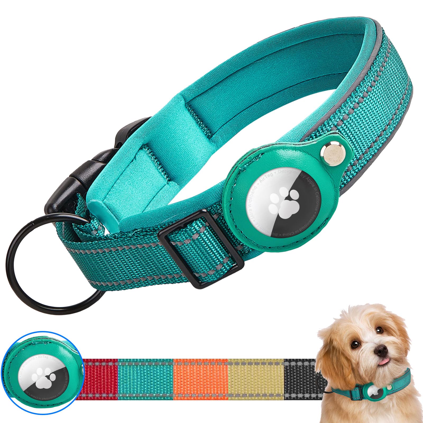 Ledeak Padded Dog Collar for AirTag, Reflective Waterproof Dog Collar Holder with Protective Case for Apple Airtag Dog Tracker, Durable Anti-lost Dog Collars for Small Medium Large Dogs (Cyan, S)