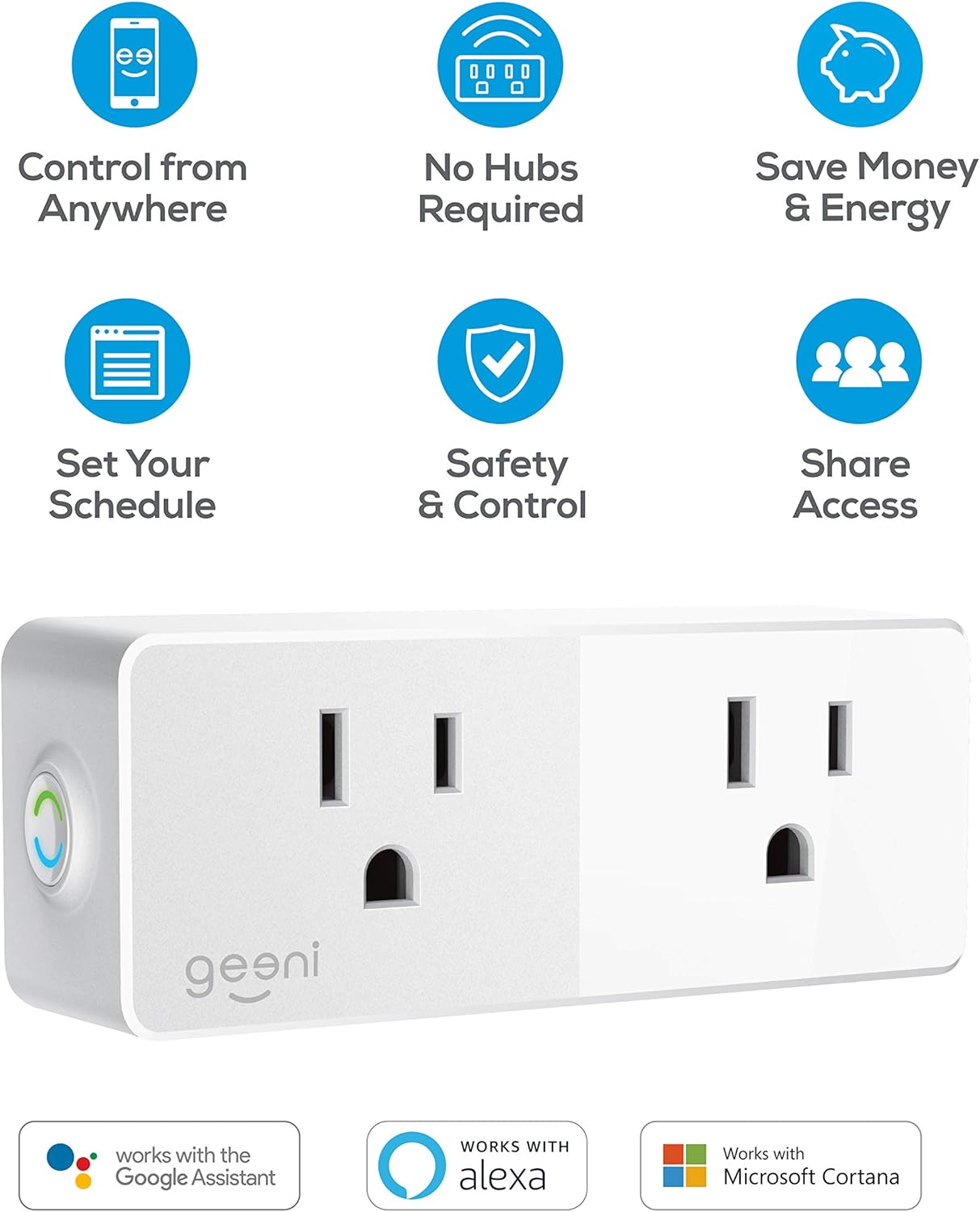 Geeni Switch Duo Double Smart Plug, White, 2 Outlets – No Hub Works with  Alexa, Google Assistant & Microsoft Cortana, Requires 2.4 GHz Wi-Fi - - 