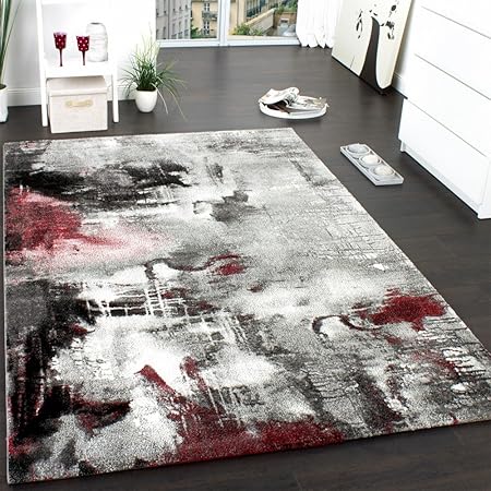 Paco Home Tapis Design Moderne Toile Splash Gris Rouge Crème Marbré Dimension80x150 Cm