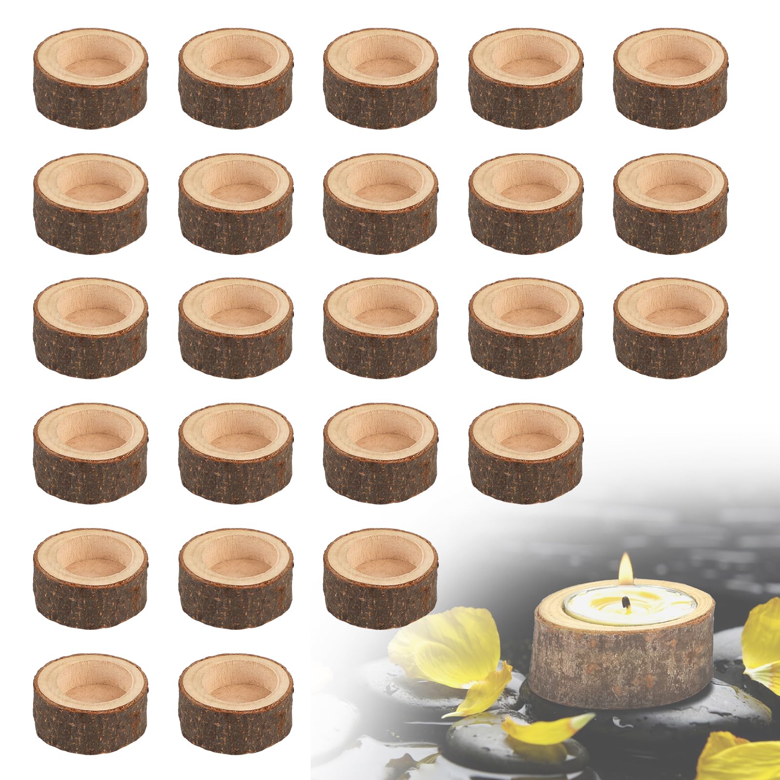 CPROSP 24 x Wooden Tea Light Holders, Inner Diameter 38 mm, Gift Idea, Wooden Candle Holder for Halloween, Christmas, Valentine's Day, Home Decoration