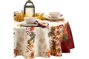 Elrene Home Fashions Swaying Leaves Bordered Fall, Seasonal and Holiday Tablecloth, 70" Round, Multi