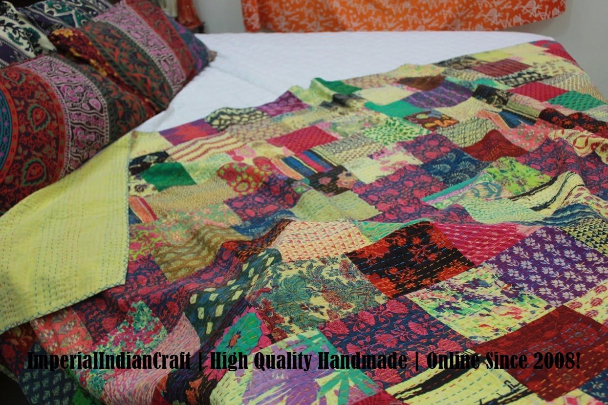 ImperialIndianCraft 100% Handmade Indian Patola Silk Patchwork Quilt Blanket Comforter - Multi-colored Patchwork Quilt, Bohemian, Mediterranean Bedding | PREMIUM QUALITY | KING SIZE 10