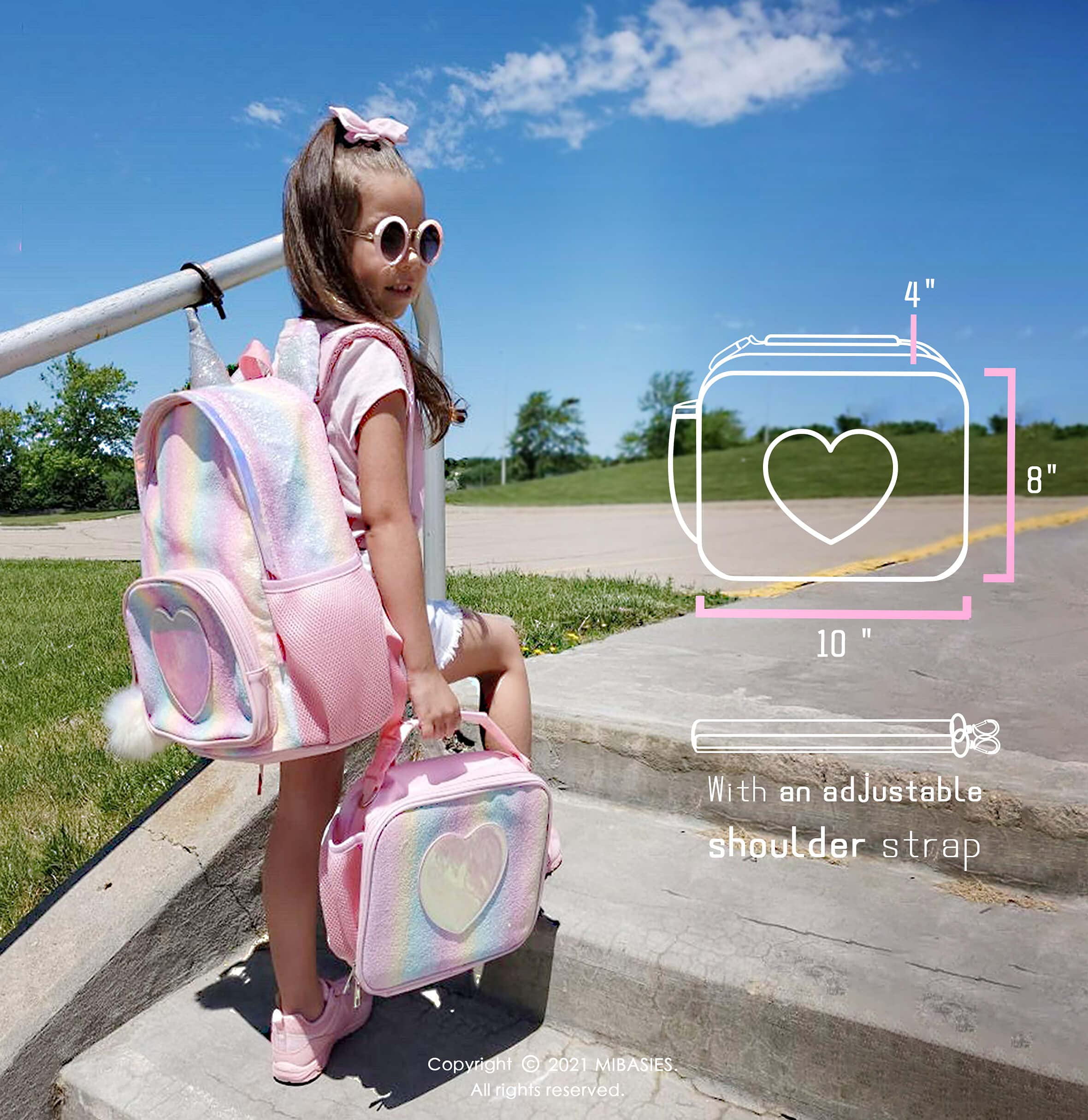 mibasies mibasies Girls Lunch Bag for Kids Insulated Lunch Box with Shoulder Strap and Bottle Holder, Glitter Rainbow