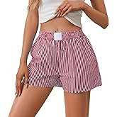 SHBECYDE Casual Striped Summer Shorts for Women Button Elastic Waist Loose Boxers Bottom with Pockets Comfy Pajama Shorts