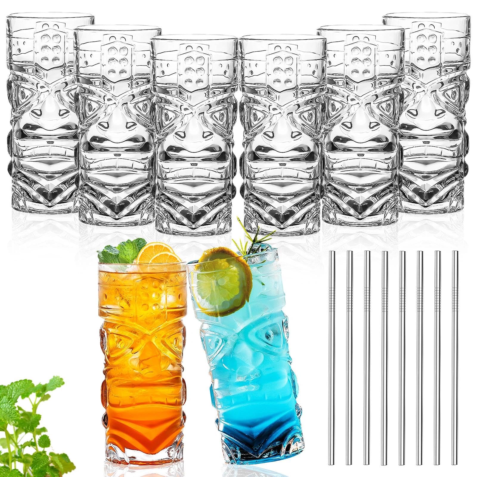 INFTYLE Plastic Tiki Cups 18 oz, Clear Tiki Glasses Modern Bar Tiki Mug Hawaiian Party Drinking Tumblers for Cocktails, Lemonade, Mixed Drinks, Picnic, Restaurant Supplies (8)