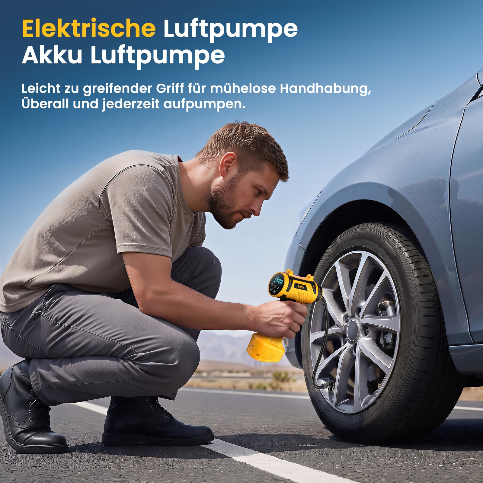 Ipflin Elektrische Auto Luftpumpe Akku Fahrradpumpe - Tragbare Luftpumpe Fahrrad 150PSI - 22L/min Akku Kompressor mit LED-Anzeige/Licht - 4 Voreingestellte Modi für Auto/Fahrrad/Motorrad/Ball 2