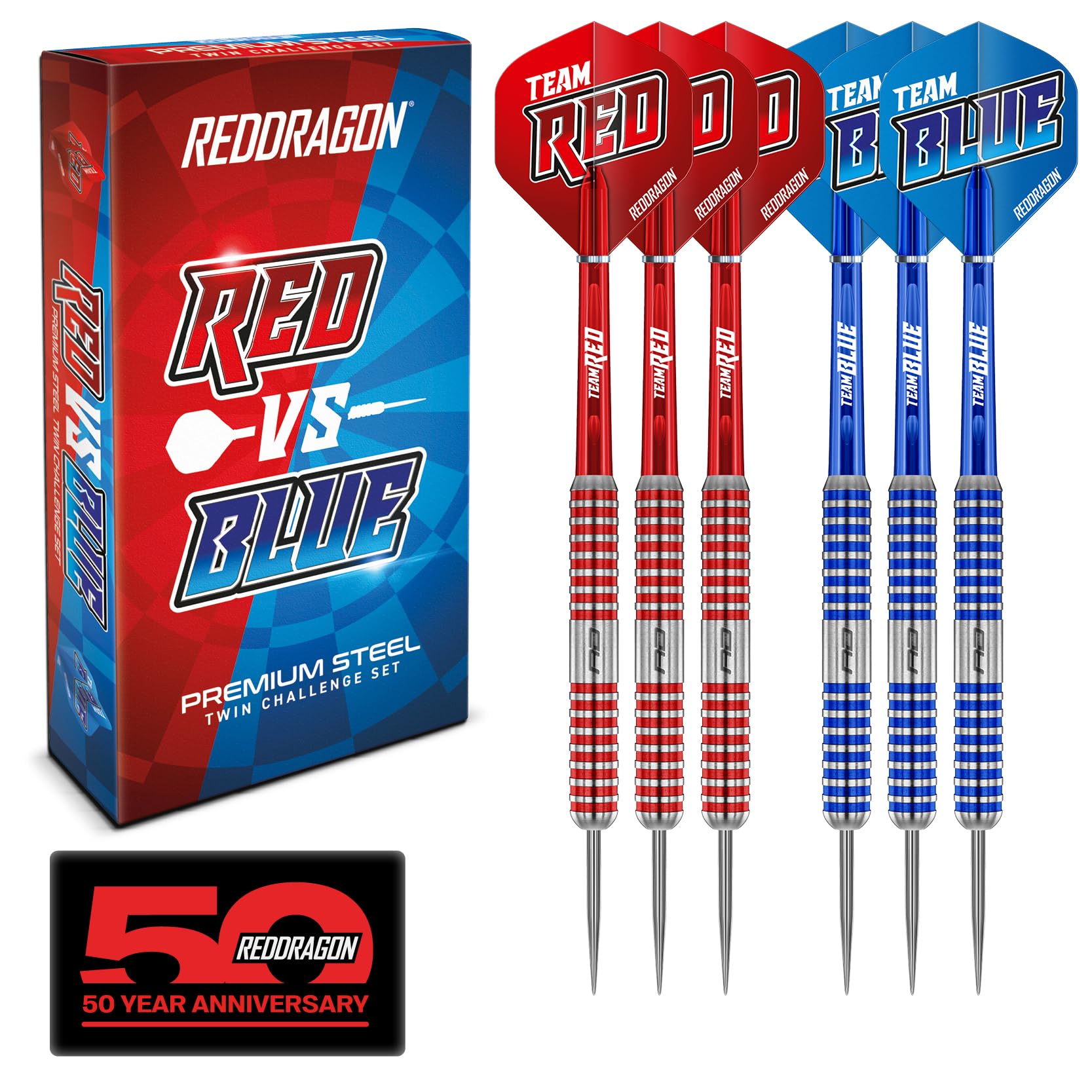 RED DRAGON Darts - Team Red V Team Blue 20g Steel Tip Professional Darts Set with Dart Flights and Shafts (Stems)