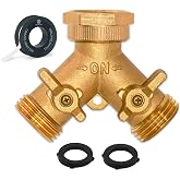 Brass Heavy-Duty Garden Hose Water Splitter | LEAD-FREE 2-Way Y Splitter for Water Spigot &amp; Faucet | Manifold Connector ON/OFF Valves w/Improved Comfort Grip, 3 Extra Washers &amp; Teflon Tape