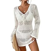 Bsubseach Women Swimsuit Crochet Coverup Long Sleeve V Neck Beach Knit Bathing Suits Cover Ups Mesh Bikini Hollow Out Dress