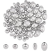 UNICRAFTALE About 100pcs 5 Sizes 3-8mm Oval & Round Spacer Beads Stainless Steel Loose Beads Corrugated Bead Findings for DIY Jewelry Making, Stainless Steel Color