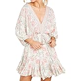 R.Vivimos Womens Summer Floral Dress 3/4 Sleeve Deep V Neck Boho Drawstring Backless Swing Mini Dress
