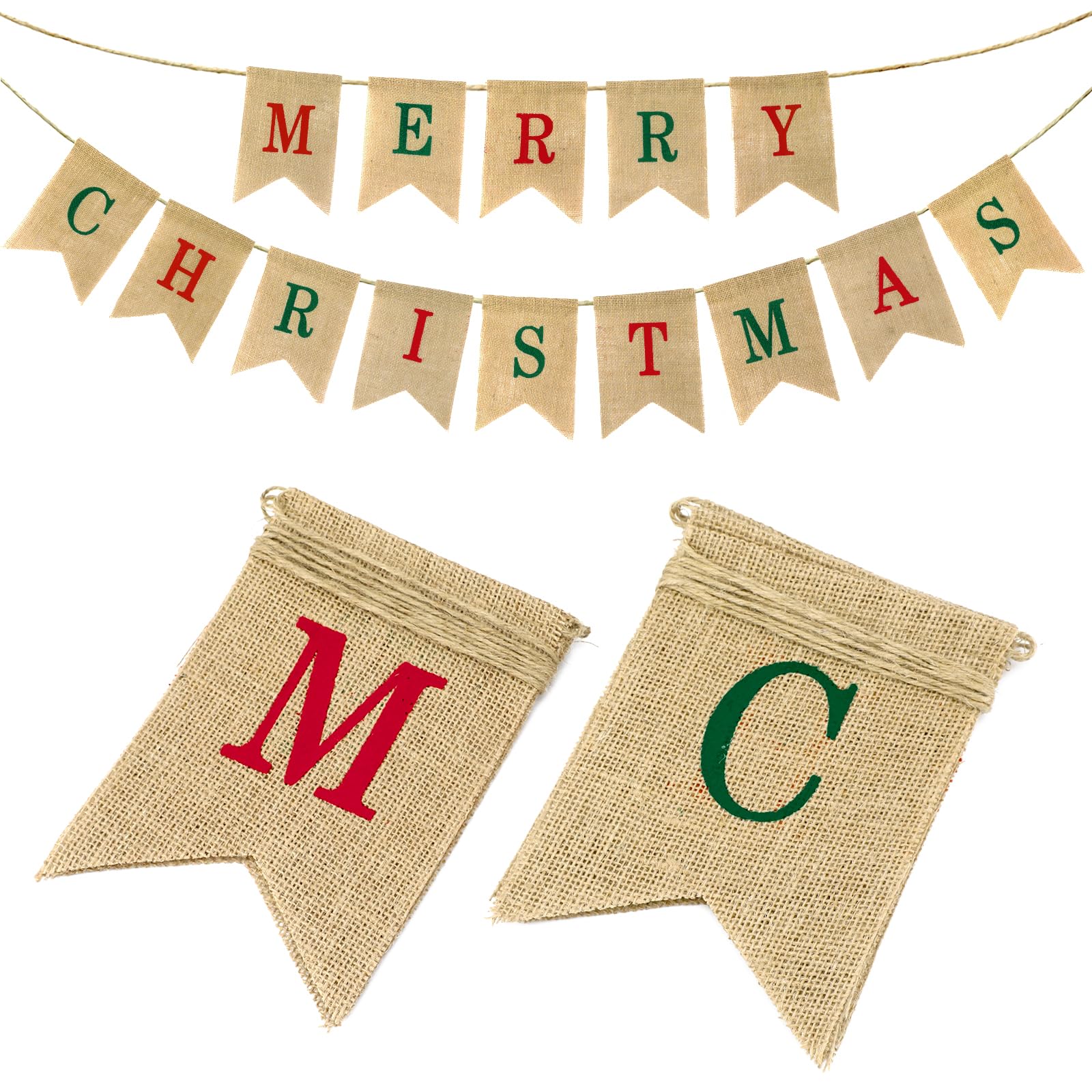 G2PLUS Merry Burlap Bunting Banner, 4.8M Banner with 14 Flag Pennants, Vintage Hessian Garland for Christmas Decoration