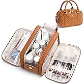 Bagstellar Travel Makeup Bag, Large Capacity Quilted Toiletry Bag for Women Stand-up Cosmetic Bag Open Flat Make Up Case Organizer Portable Pouch Purse w/Handle for Traveling Accessories, Brown