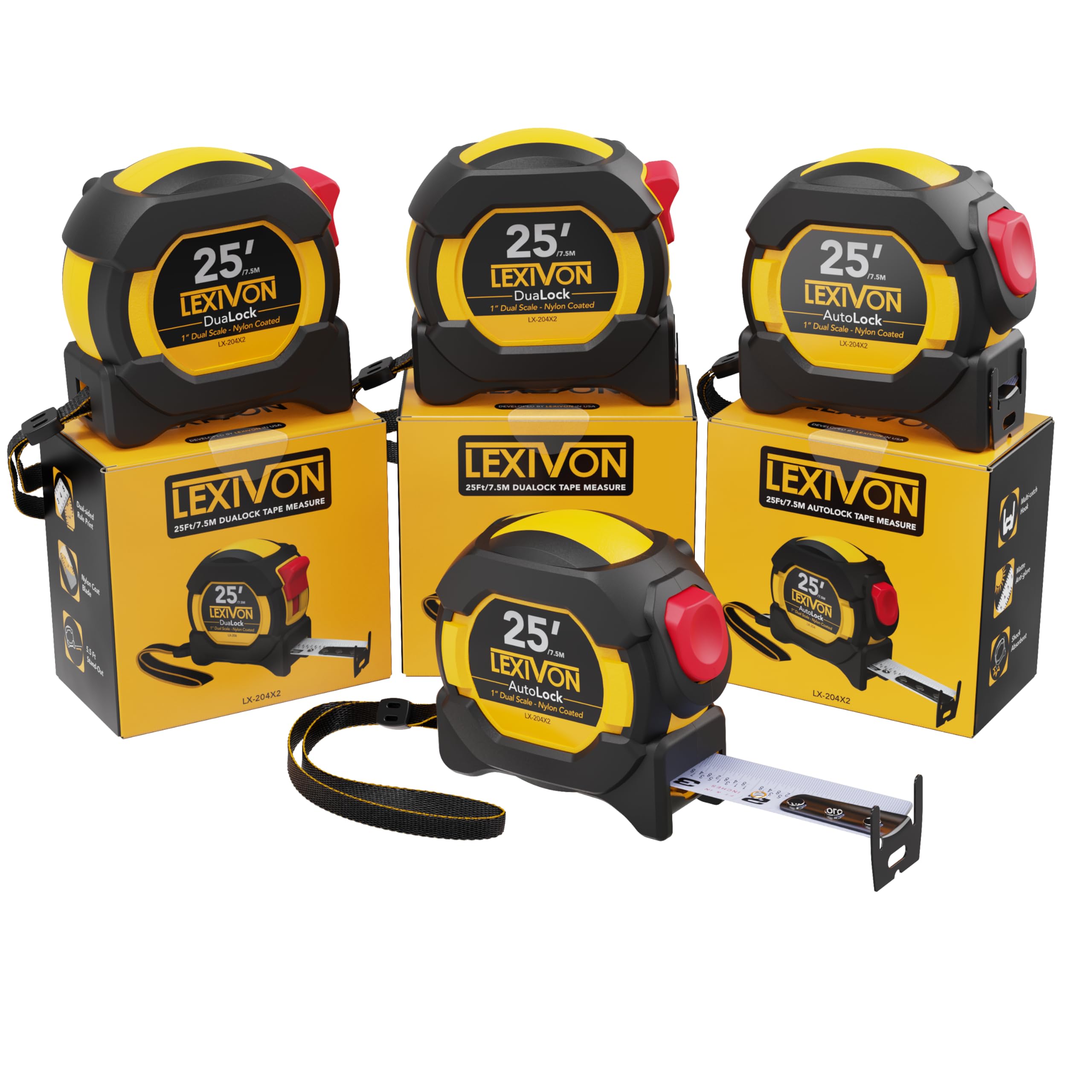 LEXIVON [4-Pack] 25Ft/7.5m Tape Measure, DuaLock & AutoLock | 1-Inch Wide Blade with Nylon Coating, Matte Finish White & Yellow Dual Sided Rule Print | Ft/Inch/Fractions/Metric (LX-204X2)