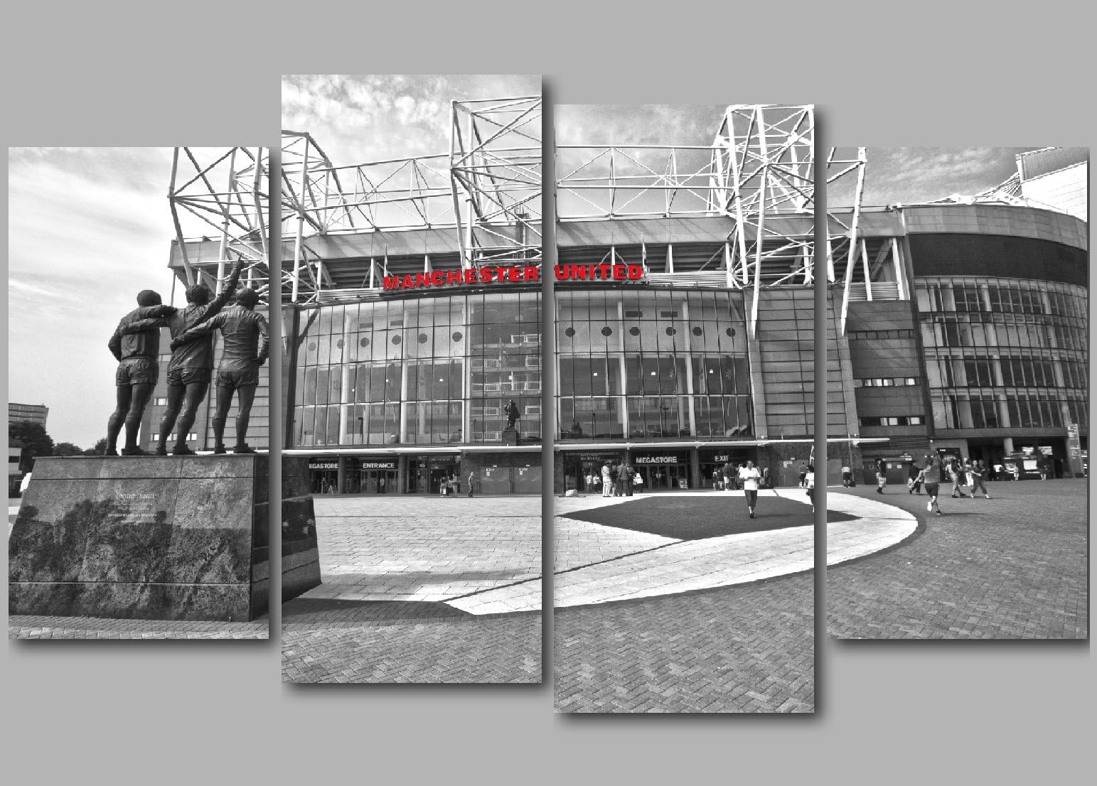 RWH Photography Old Trafford Black and White with Manchester United lettering in Red Large 4 Panel Split Canvas Picture Wall Art 50" x 34"