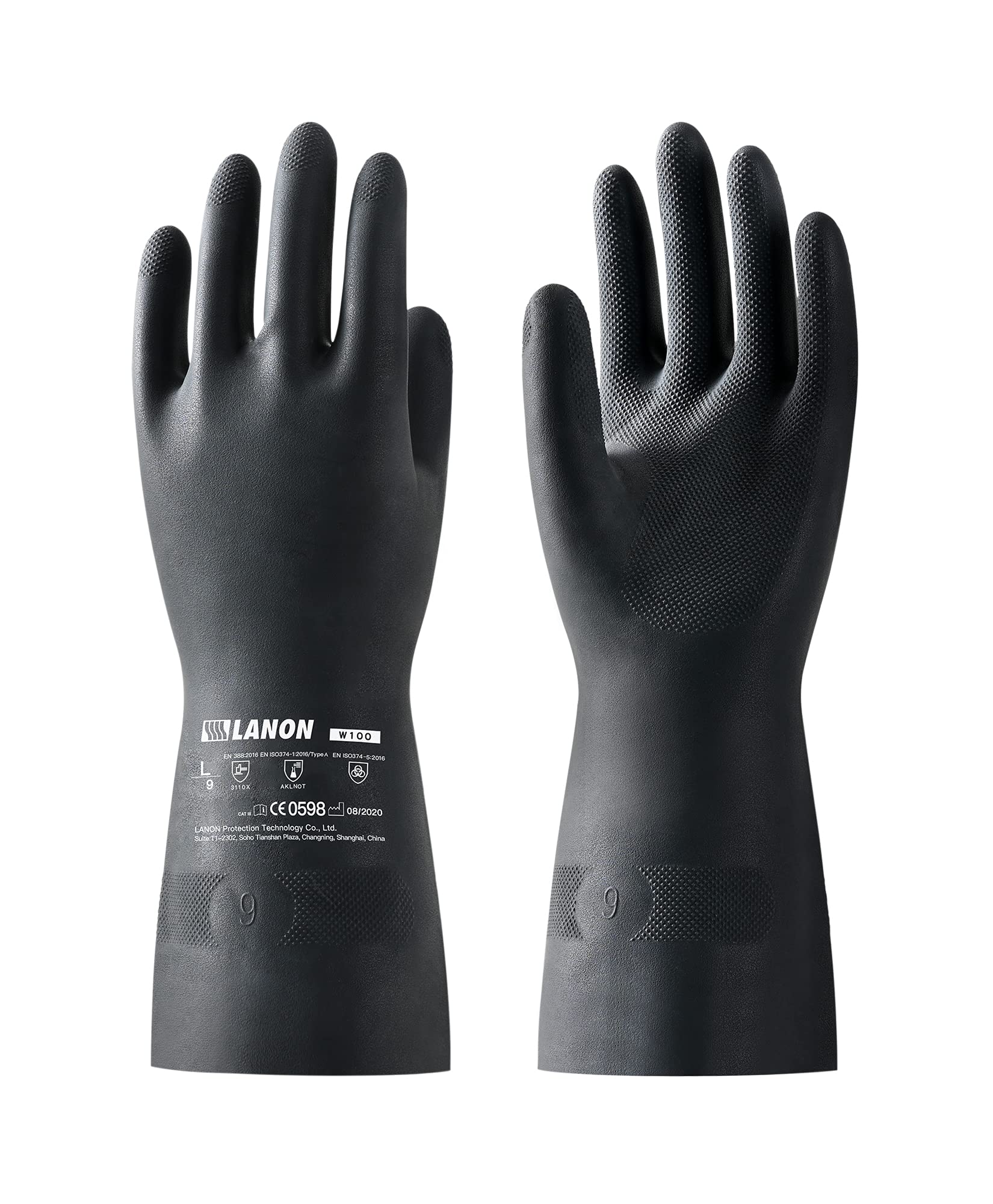 LANON Rubber Chemical Resistant Gloves, Reusable Heavy-duty Safety Work Gloves, Acid & Alkali Protection, Non-Slip, Large