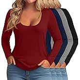 Evervibe 4 Pack Women's Plus Size Long Sleeve T-Shirts Scoop Neck Basic Tees Tops Casual Slim Fit Base Layer Undershirts