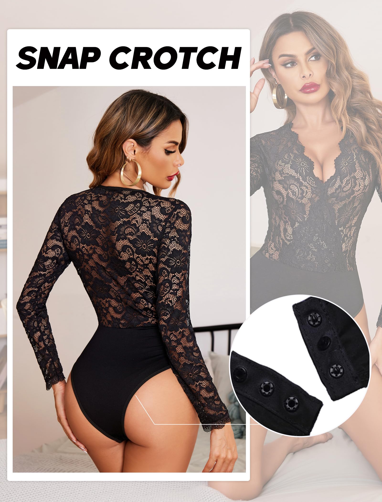 Avidlove Lace Bodysuit for Women Sexy Long Sleeve V Neck Body Suits Going Out Tops Snap Crotch One Piece Teddy Lingerie