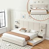 King Size Bed Frame with Storage &amp; Built-in Nightstands &amp; Drawers, Beige | Velvet Upholstered Platform Bed Frame &amp; 4 Floating Storage Shelves, Noise-Free, No Box Spring Needed, Easy Assembly