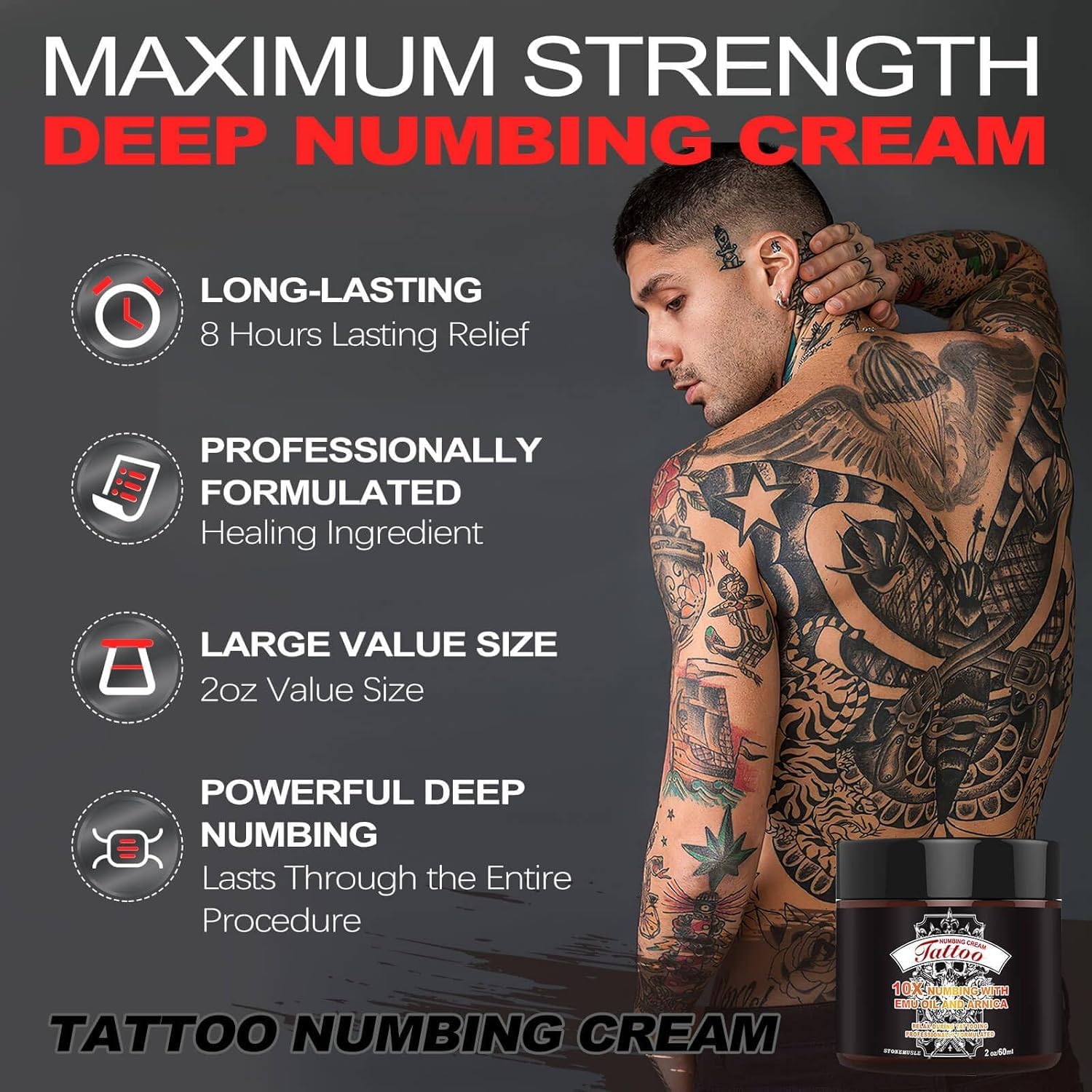 8 Hours Maximum Strength Tattoo Numbing Cream (2oz/ 60ml), Numbing Cream for Tattoos Extra Strength with 10x Numbing, Emu Oil and Arnica - 2oz/ 60ml