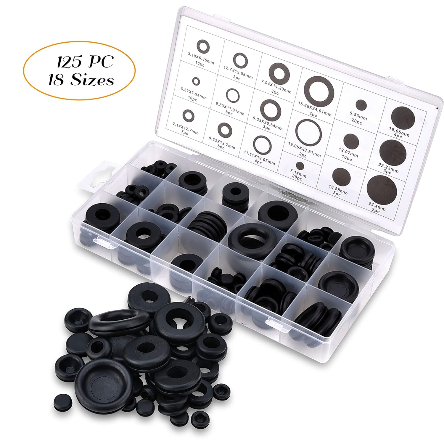 Rubber Electric Cable Protector Wiring Grommets Black 125Pcs 18 Sizes