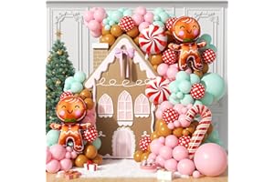 PTGOLUO 160Pcs Christmas Balloon Arch Garland Kit Xmas Pastel Pink Green Brown Latex Balloons Gingerbread Man Candy Cane Foil Balloons Arch Kit for Christmas New Year Party Birthday Party Decorations