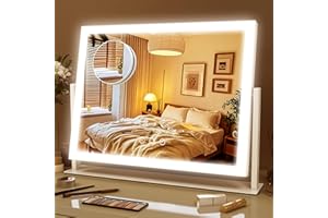 ROLOVE Lighted Makeup Mirror 16.3"x12.6", Hollywood Vanity Mirror with 10X Magnifier, 3 Color LED Lighting Modes, Smart Touch Control & 360° Rotation, Tabletop Makeup Mirror (White, Gift Ready)