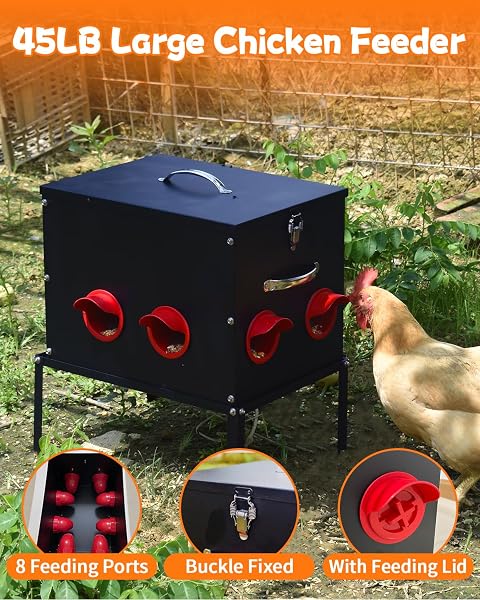 AUTOMATIC CHICKEN FEEDER –50 LBS 8 FEEDING PORTS,LARGE METAL CHICKEN FEEDERS – NO WASTE POULTRY FEEDER WITH LOCKING LID AND LEGS FOR INSIDE COOPS