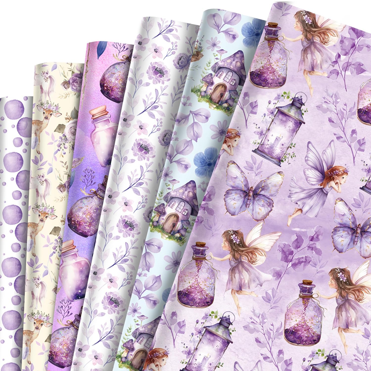 Photo 1 of 12 Sheets Purple Fairy Wrapping Paper 20" x 27" Watercolor Butterfly Floral Gift Wrap Paper Folded Flat Art Paper for Wedding Girls Birthday Party DIY Crafts Present Packing