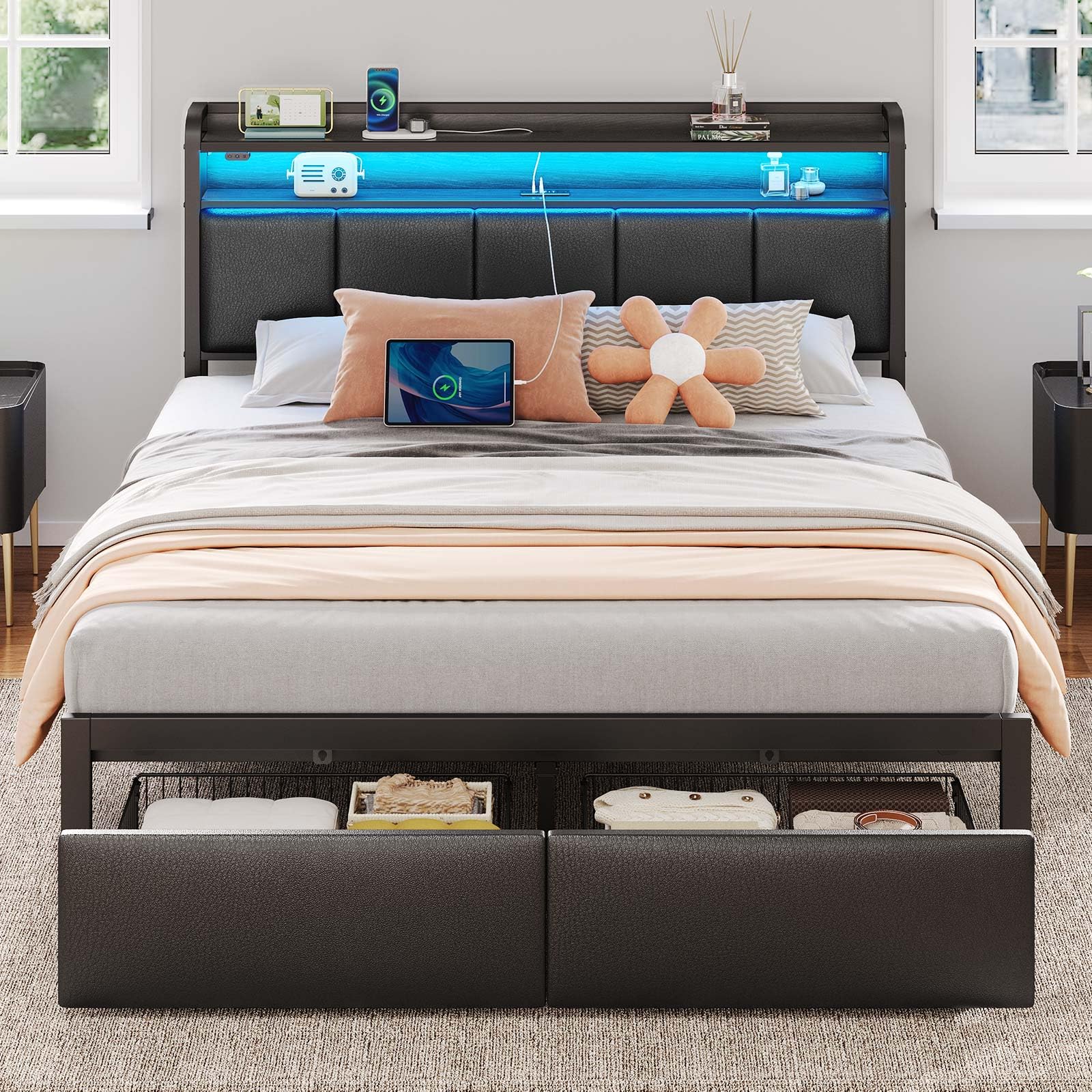 Rolanstar Bed Frame Queen Size with Charging Station and LED Lights, Upholstered Headboard with Storage Shelves, Heavy Duty Metal Slats, No Box Spring Need, Noise Free, Easy Assembly, Black Image
