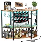 Lifewit Wine Rack Table, Liquor Bar Cabinet with Outlet and LED Light, Freestanding Floor Bar Table with Glass Holder and Win