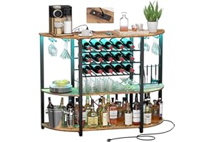 Lifewit Wine Rack Table, Liquor Bar Cabinet with Outlet and LED Light, Freestanding Floor Bar Table with Glass Holder and Win