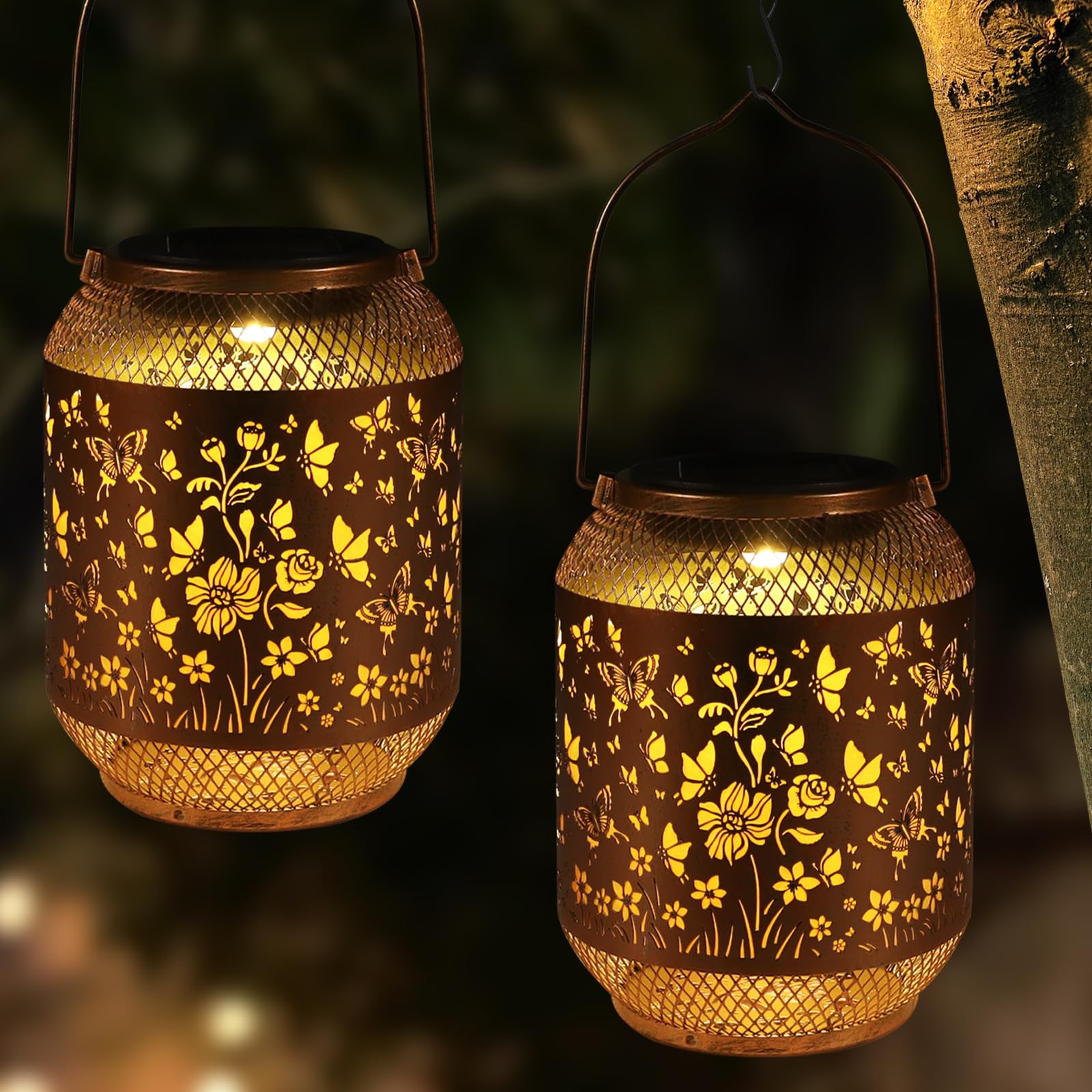 Photo 1 of 2 Pack Butterfly Swarm Solar Lanterns Outdoor Waterproof Birthdays Gifts for Women Mom Grandma Metal Hanging Hollow Out Garden Decorative Solar LED Light for Yard, Patio, Lawn, Porch, Backyard