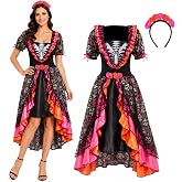WEFONLLICOS 2PCS Day of The Dead Costume Women Adult Mexican Dress with Flower Headpiece Halloween Sugar Skull Outfit