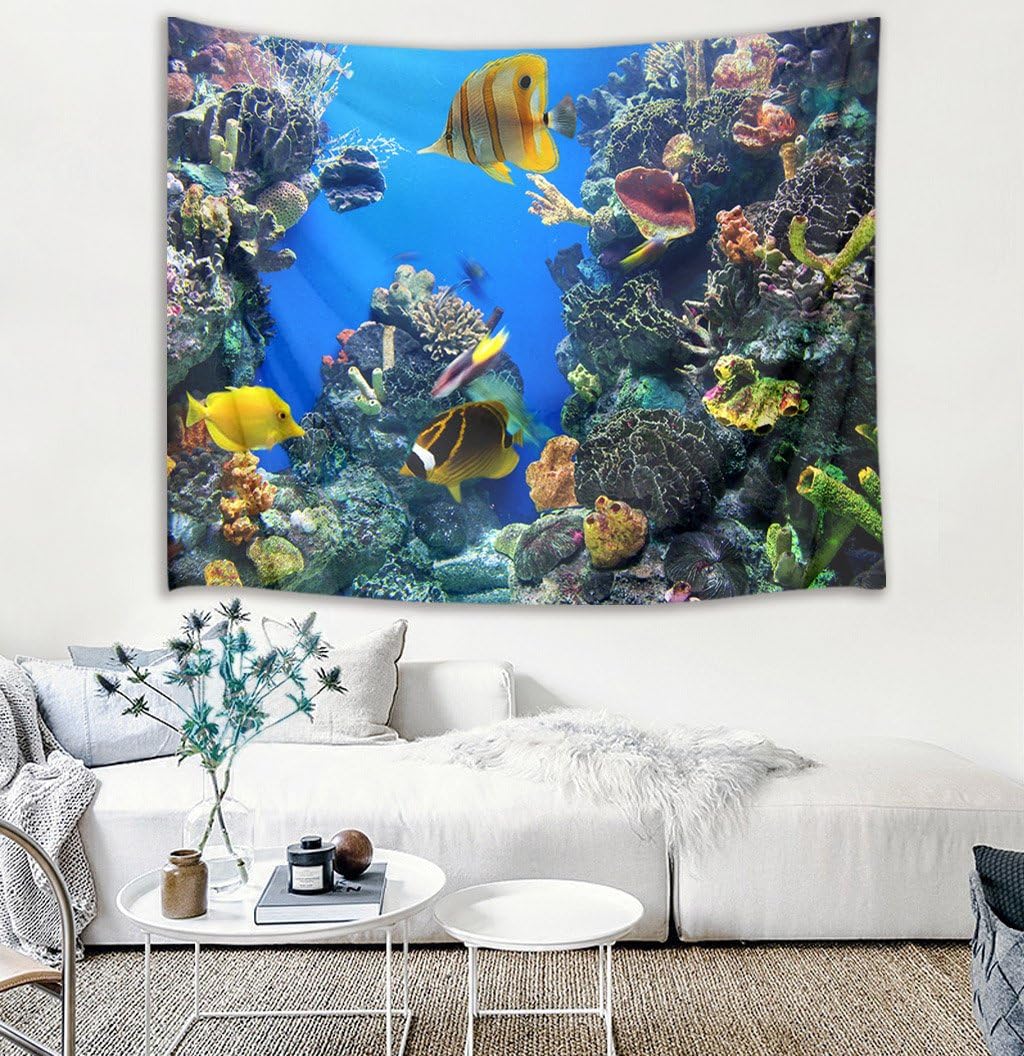 HVEST Tropical Fish Tapestry Coral Reef and Marine Life Under Blue Deep Sea Wall Hanging Ocean Tapestries for Kids Bedroom Living Room Dorm Party Wall Decor,80Wx60H inches