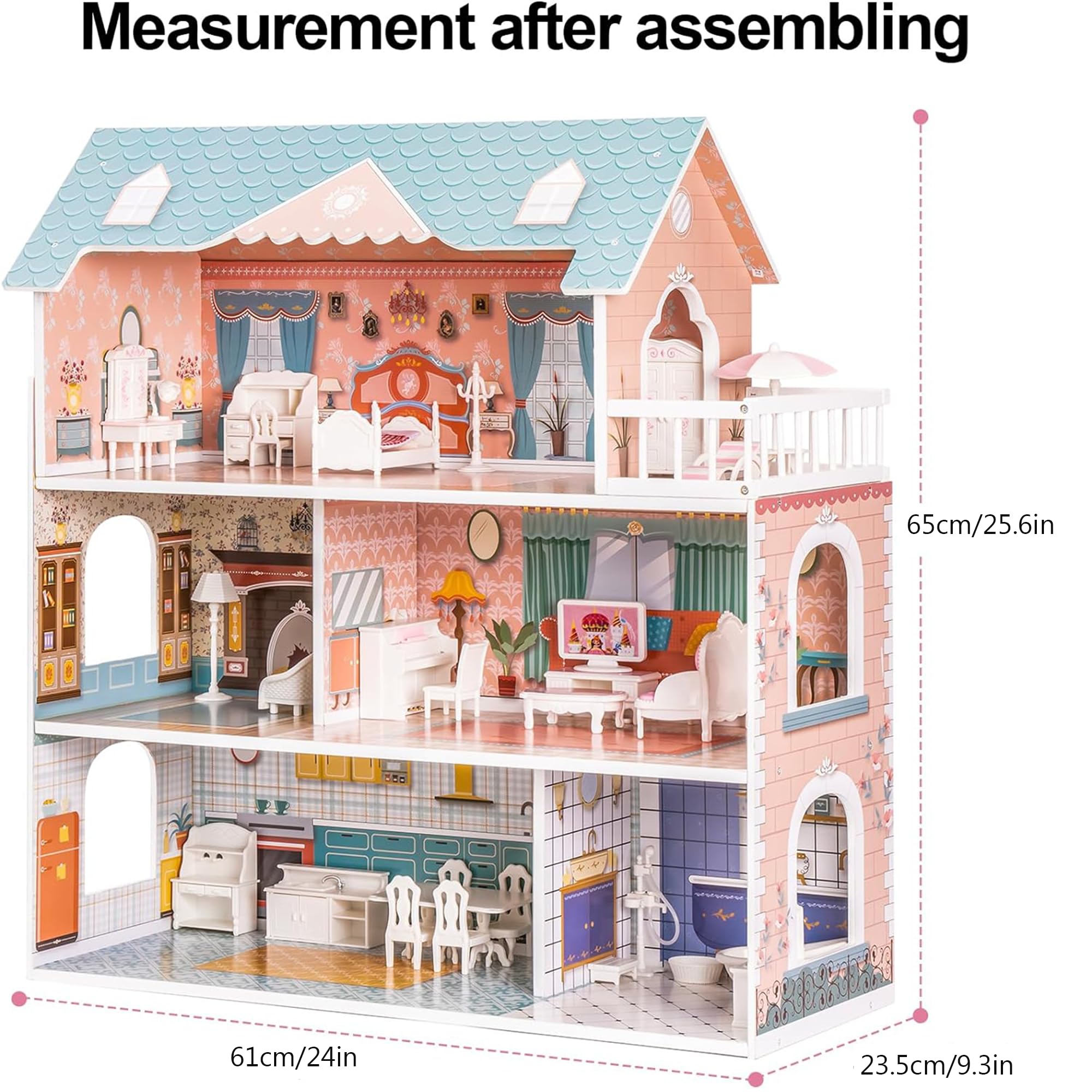 ROBUD Wooden Dollhouse for Kids Girls, Toy Gift for 3 4 5 6 Years Old, with Furniture