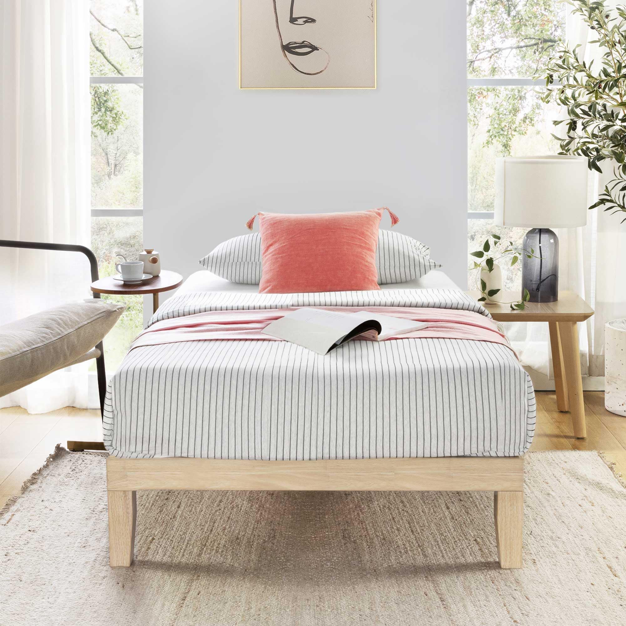 Mellow Naturalista Classic 12 Inch Solid Wood Platform Bed with Wooden Slats, Twin, White Wash Image