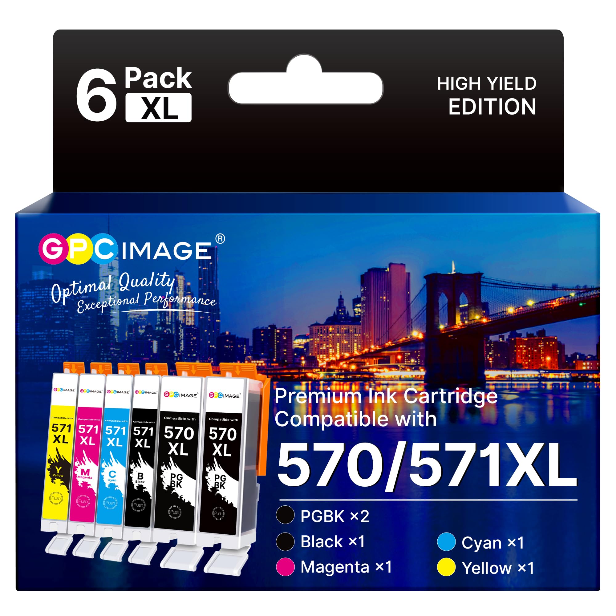 GPC Image 570XL 571XL Ink Cartridges Compatible for Canon 570 571 Ink Cartridges for Canon PIXMA MG5750 MG5751 MG5700 MG5500 TS6050 MG6800 MG6850 MG6851 TS5000 TS5050 TS5051 (PGBK/BK/C/M/Y, 6 Pack)