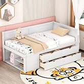 Merax Twin Daybed with Drawers and Shelves, Wooden Storage Daybed Frame with Pull Out Drawers, Twin Size Platform Bed for Guest Room, Small Space, No Box Spring Needed, White