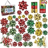 JOYIN 40 Pcs Christmas Assorted Gift Bows with 34 Multi-Colored Assorted Size Self Adhesive Gift Bows, 2 Curly Bows, 2 Tinsel Bows and 2 Curling Ribbons for Gift Wrapping, Christmas Wrapping Ribbon