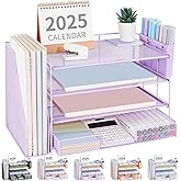 OPNICE Desk Organizer, 4-Tier Desktop File Organizer with Drawer and 2 Pen Holders, Office Desk Accessories, File Sorters, Workspace Organizers for Office Supplies(Purple)