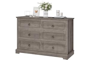 HOSTACK 6 Drawer Dresser for Bedroom, Modern Farmhouse Chest of Drawers, 47.2" Wide Wood Double Dresser, Rustic Brown Storage Cabinet for Living Room, Entryway, Hallway, Ash Grey