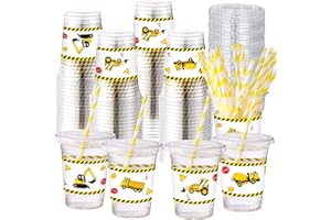 Yungyan 50 Sets Construction Theme Party Plastic Cups with Lids and Straws 16 oz Coffee Juice Drinking Cups for Birthday Baby Shower Party Supplies