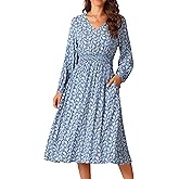 Seta T Women's Fall Dresses 2025 Casual Long Sleeve V Neck Midi Dress Floral Boho Beach Flowy Dress