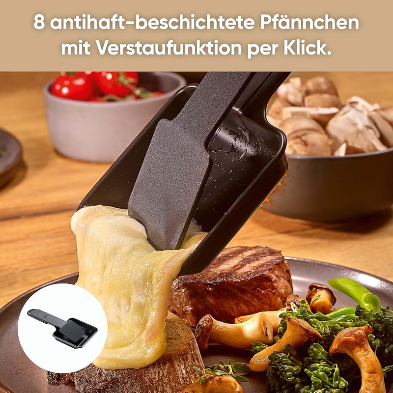 Raclette-Grill für 8 Personen, Naturgrillstein & antihaftbeschichtete-Grillplatte, Tischgrill mit extra tiefen Pfännchen, spülmaschinengeeignet, Black Line, RG 2366