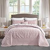 CHIXIN Oversized Bedspread Coverlet Set King Size - Lightweight Bedding Cover - Beautiful Stitching - 4 Piece Reversible Bedspread - Gorgeous Damask Paisley Pattern (King, Pale Rose)