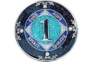 (Years 1-50) NA 1 Year Crystals and Glitter Medallion, Silver Color Plated Coin, Black Rainbow, Blue Glitter and Four Clear C