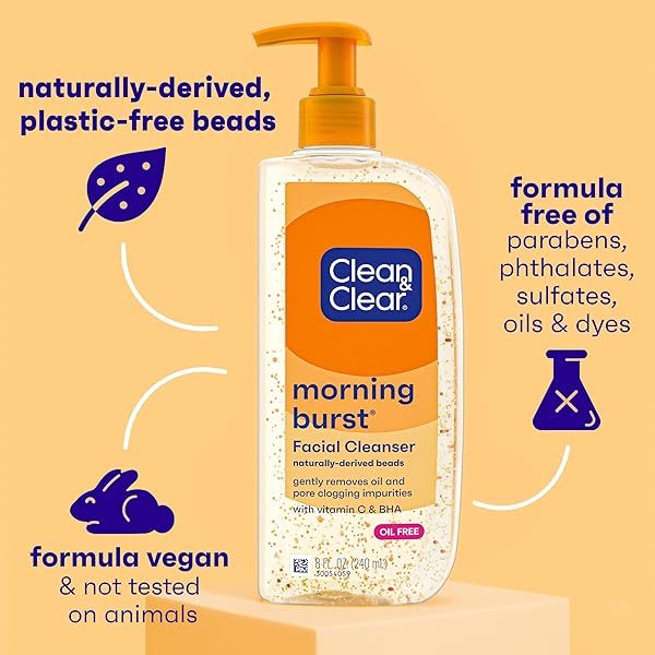 CLEAN & CLEAR MORNING BURST OIL-FREE FACIAL CLEANSER WITH VITAMIN C & BHA, DAILY NOURISHING FACE WASH GENTLY CLEANSES TO REMOVE OIL & PORE CLOGGING IMPURITIES, 8 FL. OZ, 6 PACK