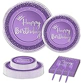 96 Pieces Purple and Silver Birthday Plates and Napkins Party Tableware Set with Happy Birthday Party Decorations,Paper Plates,Napkins and Forks for 24 Guests