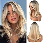 Ombre Blonde Wigs for Women Long Layered Wig with Bangs 16 Inch Straight Layered Synthetic Wig with Curtain Bangs Long Blonde Wig with Dark Roots Medium Length Hair Wigs for Girls Daily Party Use